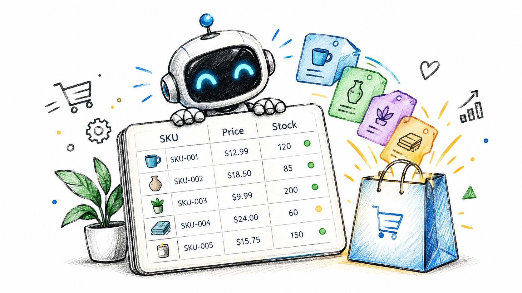 A friendly cartoon robot managing an inventory table of ecommerce products next to a shopping bag illustration.