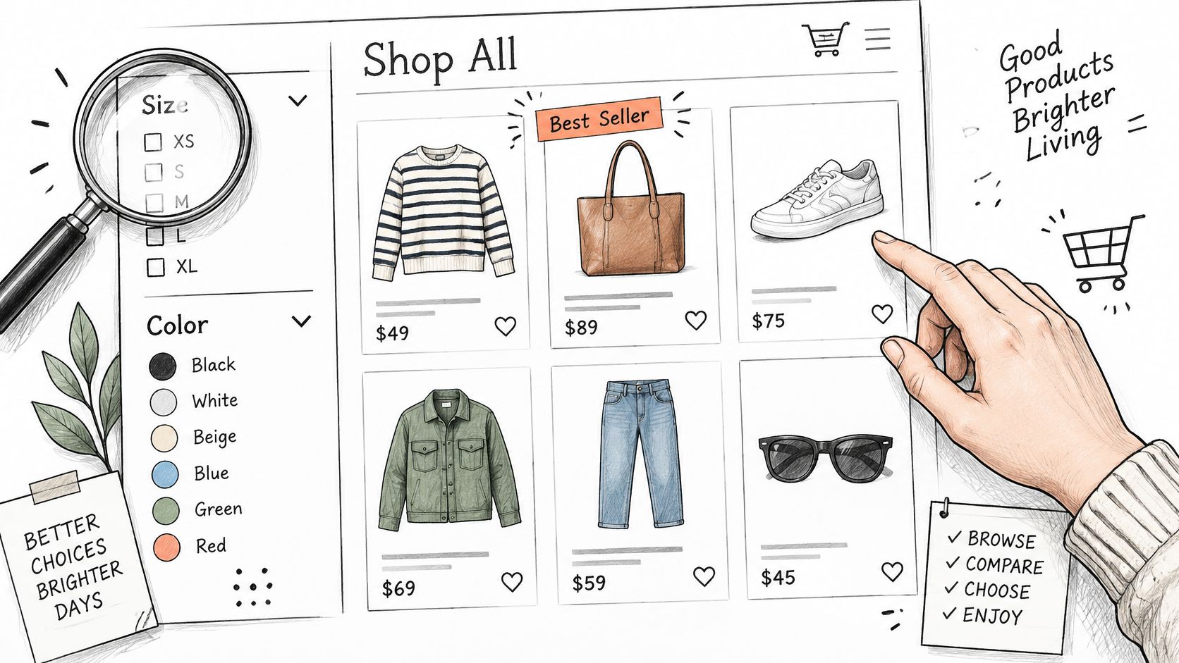 A hand interacting with an online shopping interface showcasing various clothing items and product categories.