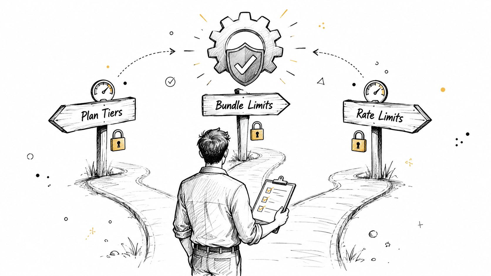 A person choosing between Plan Tiers, Bundle Limits, and Rate Limits for Shopify checkout extensibility setup.