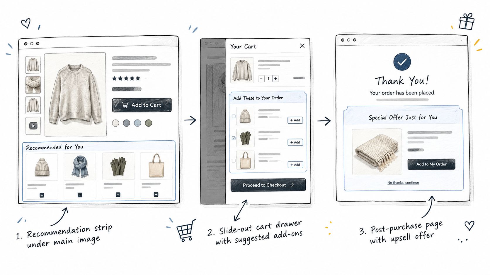A diagram illustrating a three-step customer journey for using related products in Shopify to increase sales.