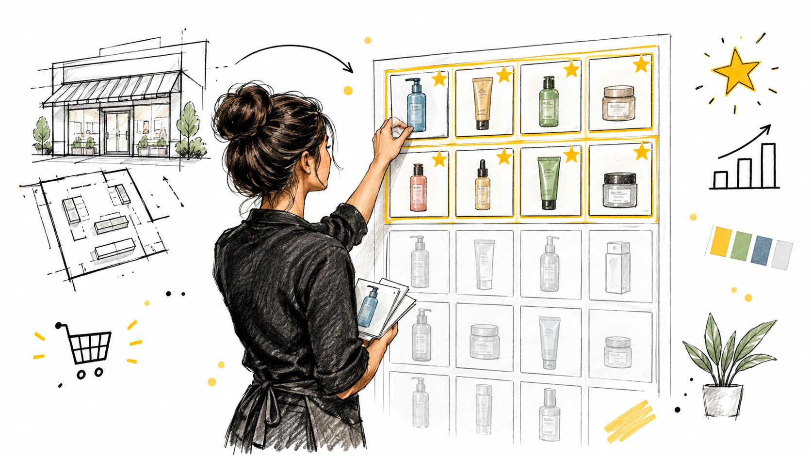 A professional shop owner reviewing and organizing skincare products on a digital display board for retail strategy.