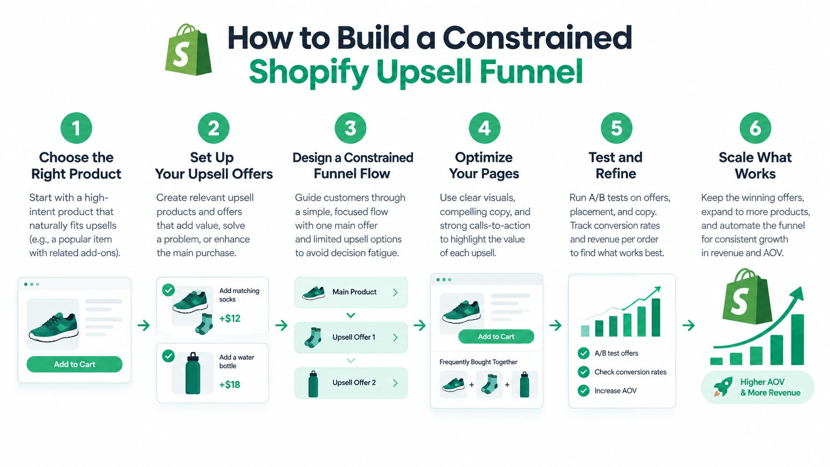 A six-step infographic illustrating the process of building a successful and constrained Shopify upsell funnel for e-commerce.