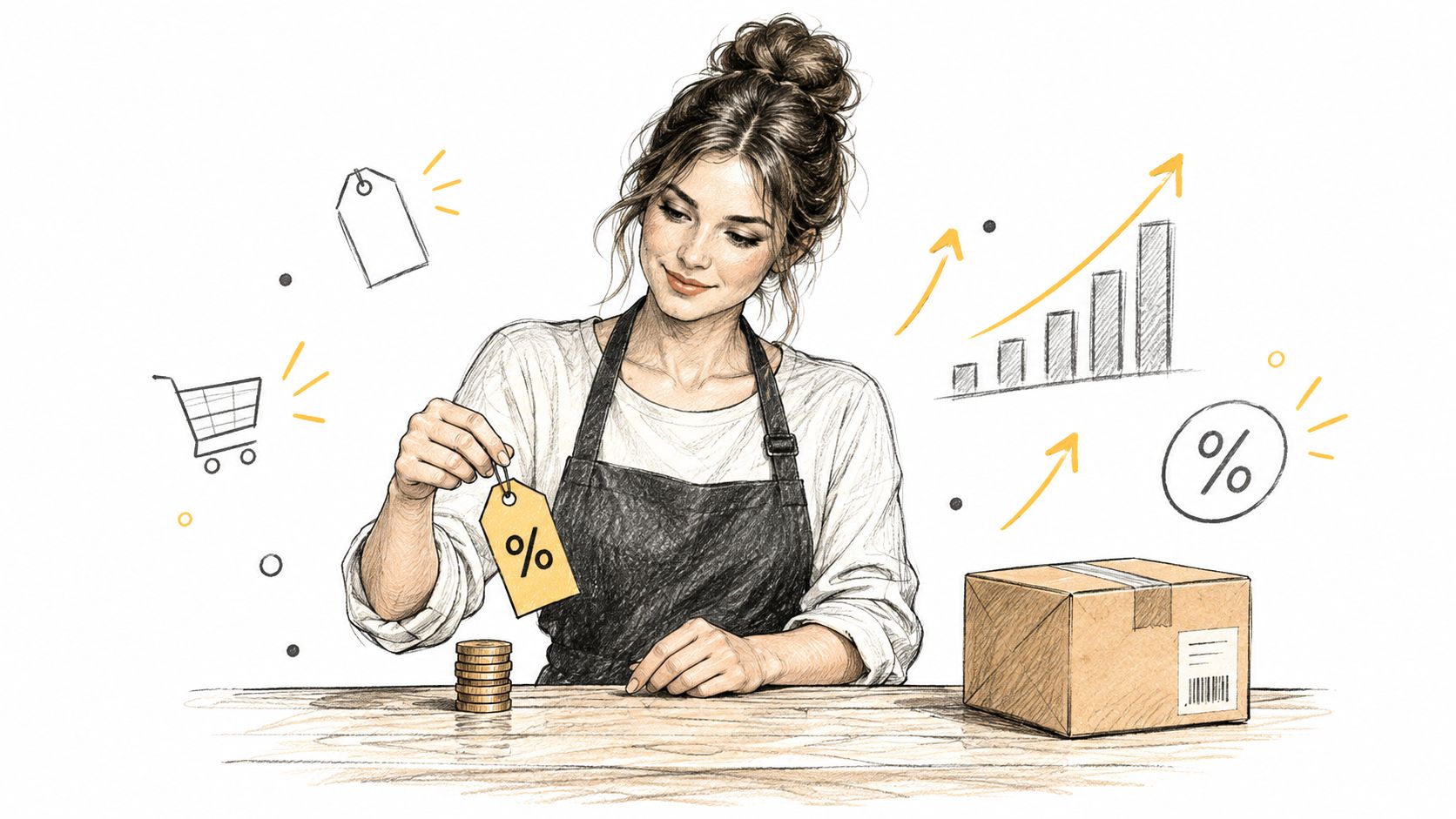 A woman in an apron labeling a stack of coins while symbols of commerce and growth float nearby.