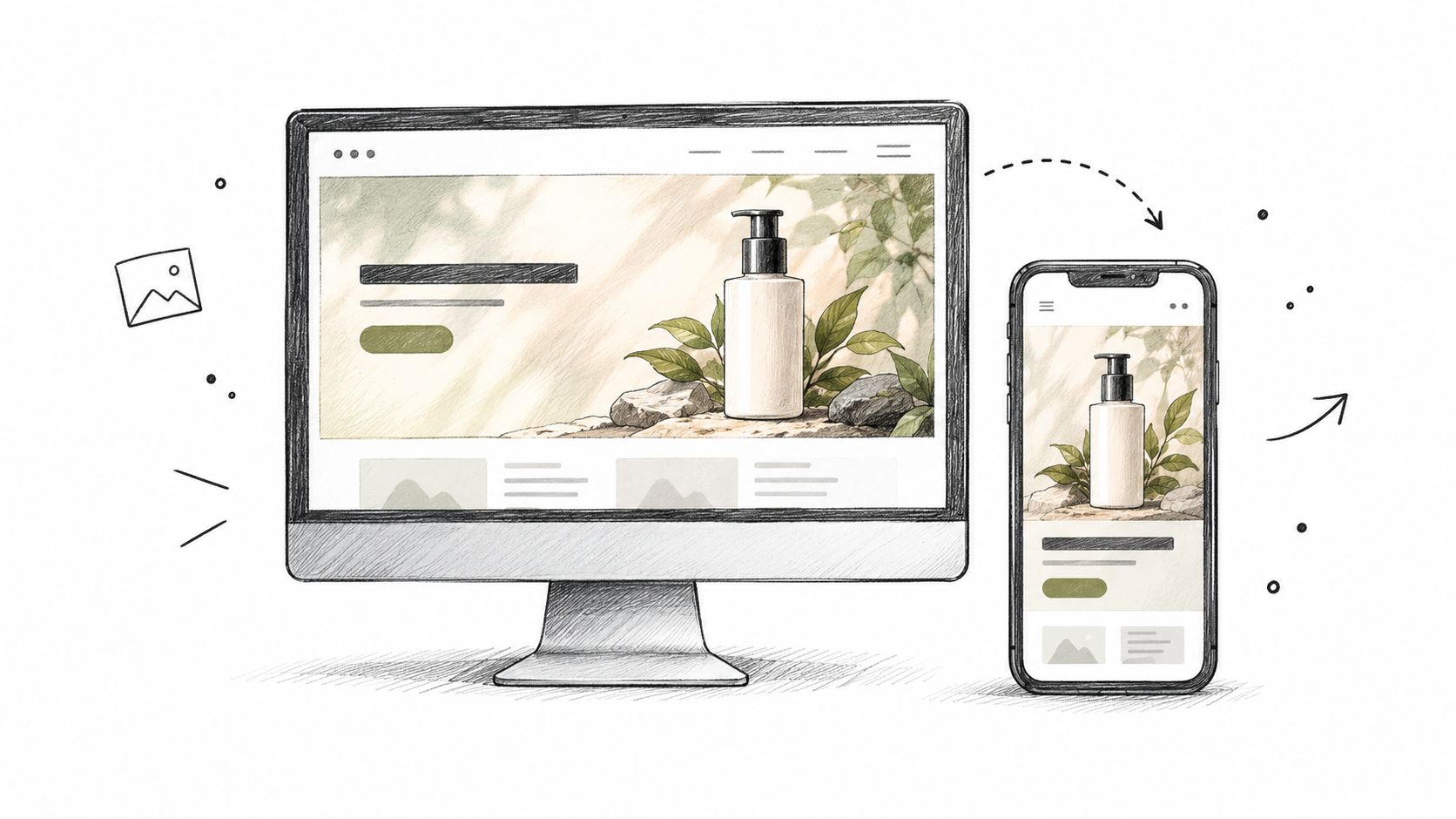 A hand-drawn sketch illustrating responsive web design for a Shopify product page on desktop and mobile screens.