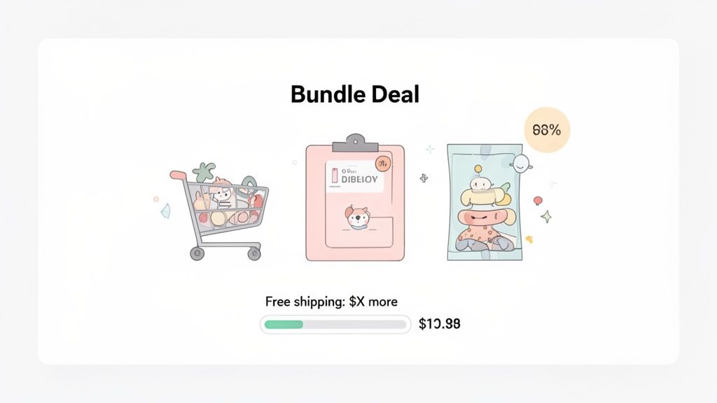 Illustration of a bundle deal featuring a shopping cart, clipboard, and product package with a 66% discount.