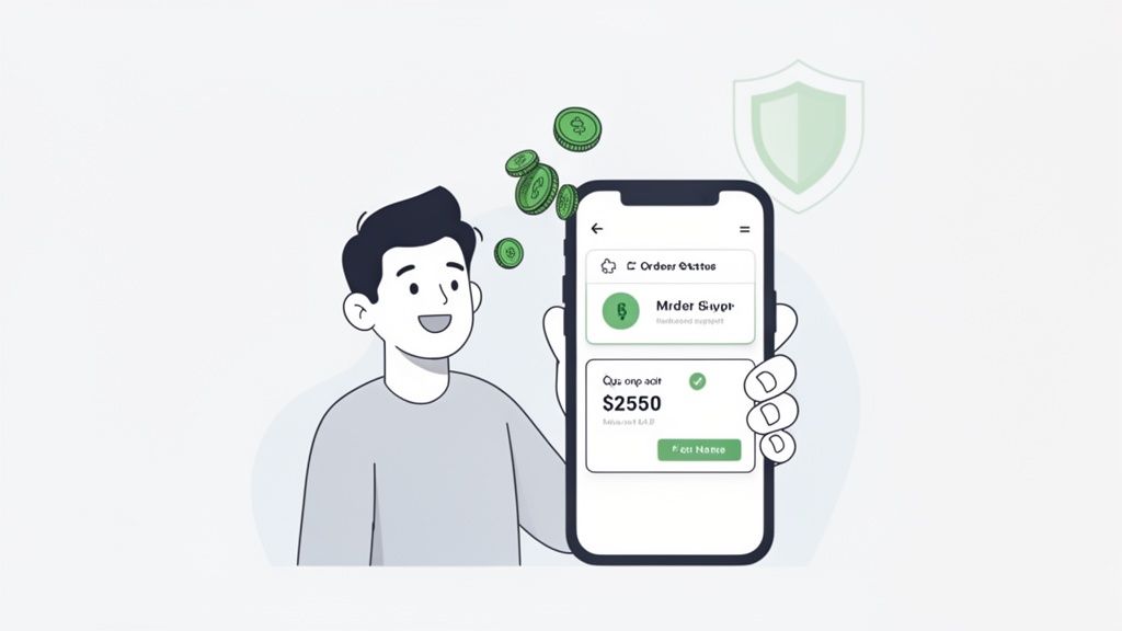 Smiling cartoon man holding a smartphone displaying an order management app with green coins and a shield.