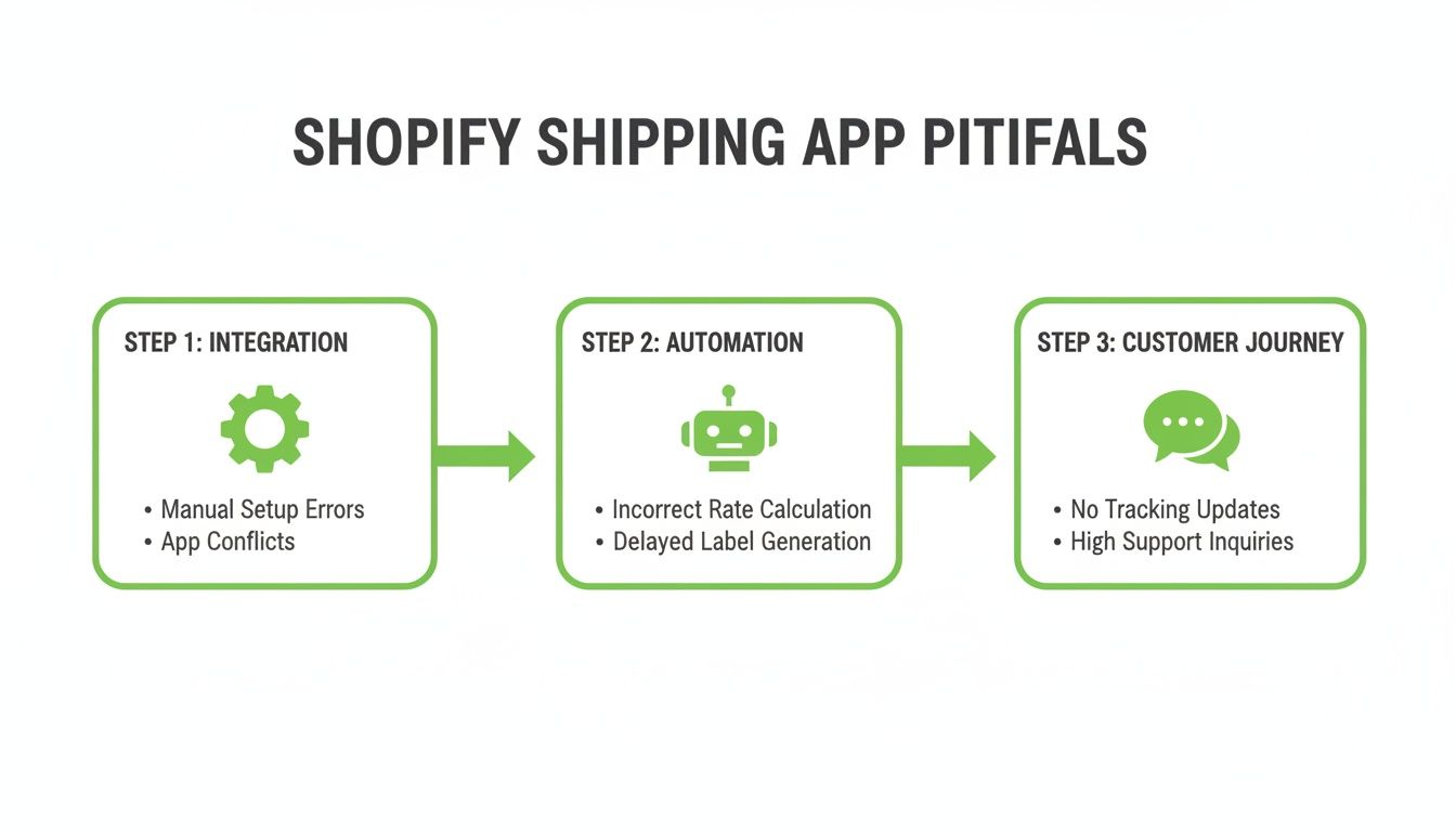 Flowchart illustrating common pitfalls of Shopify shipping apps: integration, automation, and customer journey issues.