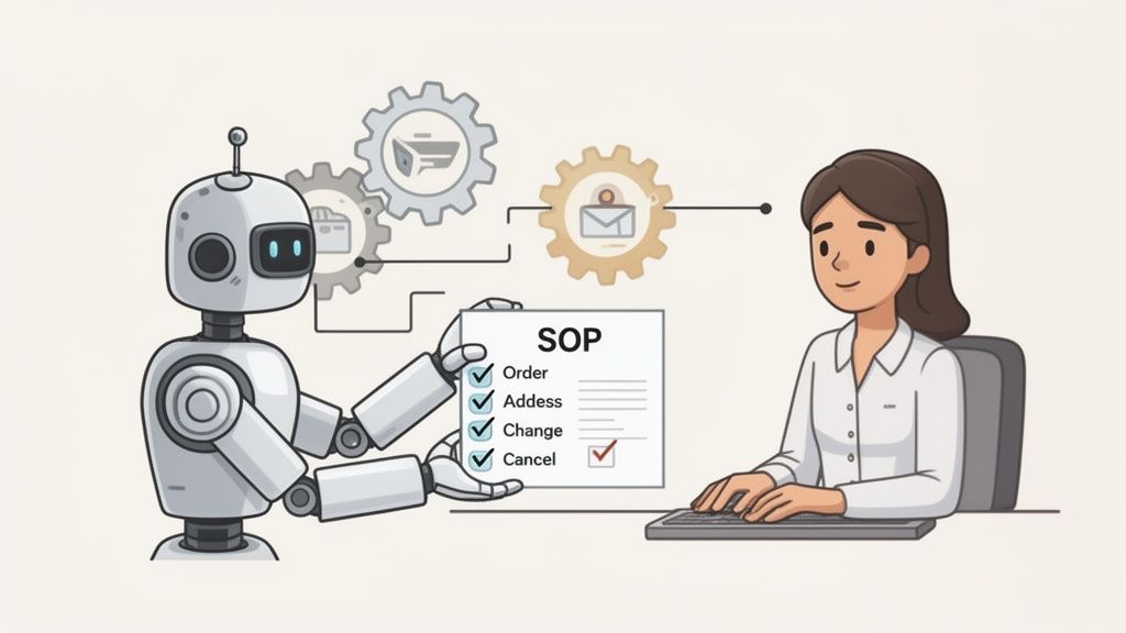 An automated robot is shown delivering a Standard Operating Procedures document to a customer service representative.