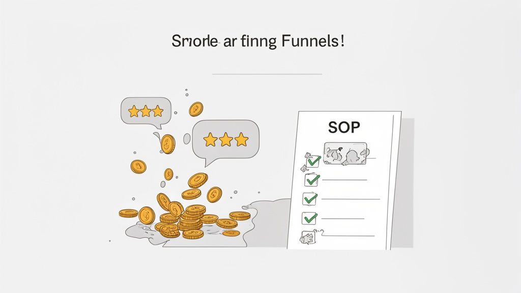 Illustration of customer service process with gold coins, star ratings, and SOP document.