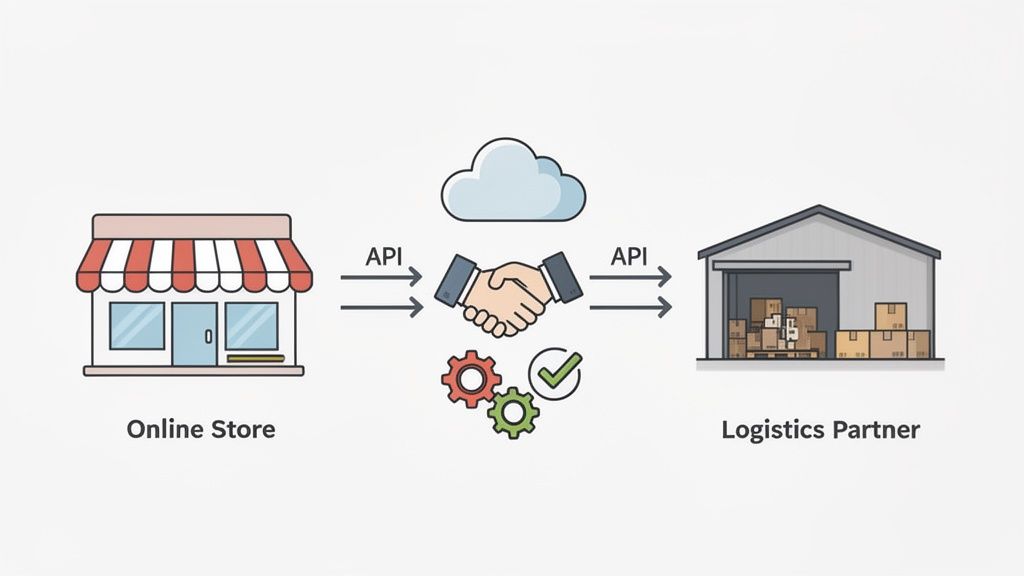 An online store integrates with a logistics partner via API, showing efficient supply chain management.
