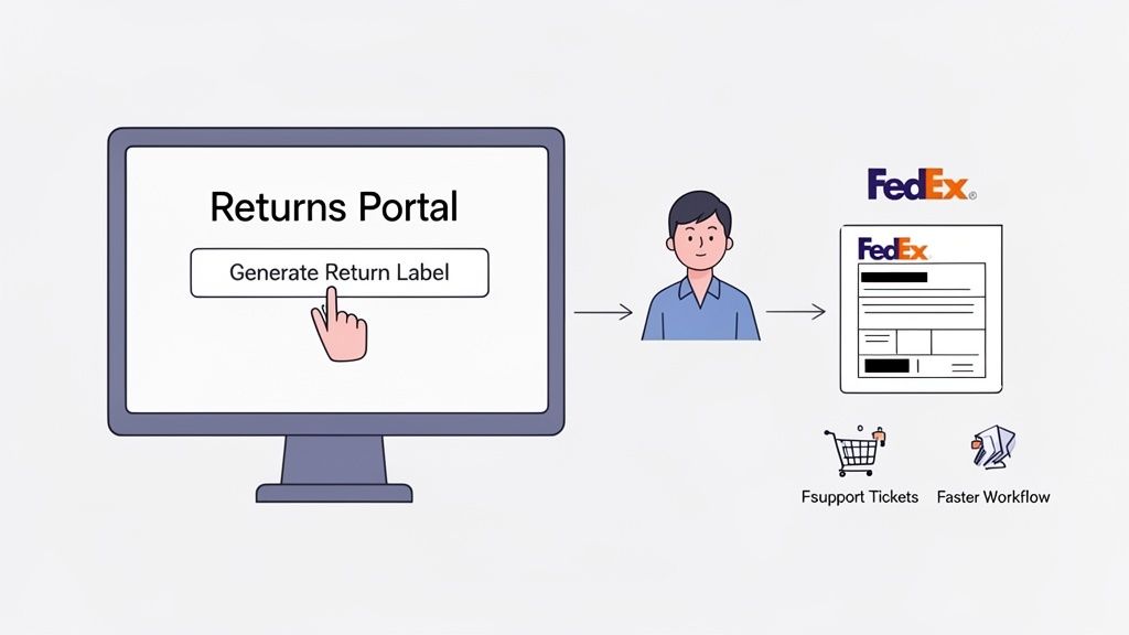 A person interacts with an online returns portal to generate a FedEx return label, streamlining support and workflow.