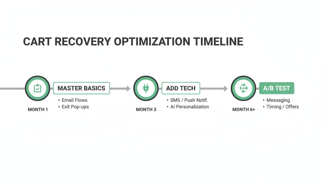 A timeline detailing cart recovery optimization stages: Master Basics, Add Tech, and A/B Test.