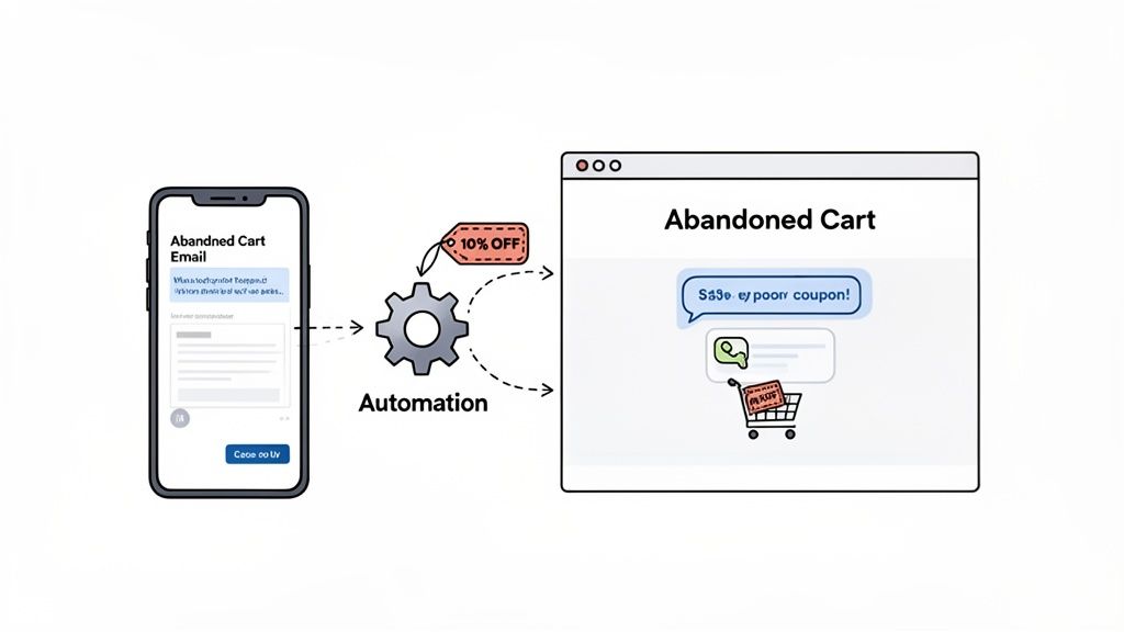 An illustration demonstrating abandoned cart recovery process with automation, email, and a 10% discount.
