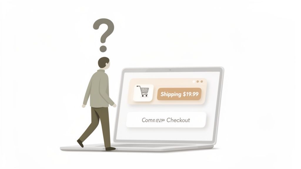 A confused person looks at a laptop showing a shopping cart with an unexpected $19.99 shipping cost.