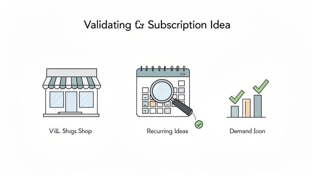 Illustration visualizing the process of validating a subscription business idea with a shop, recurring calendar, and demand growth.