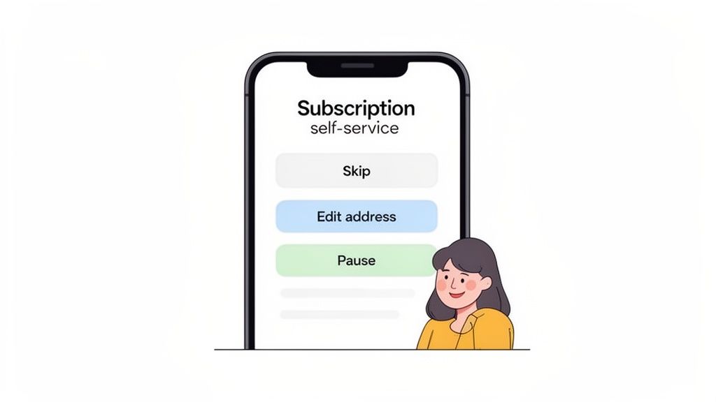 Mobile phone displaying a subscription self-service app with options to skip, edit address, or pause.