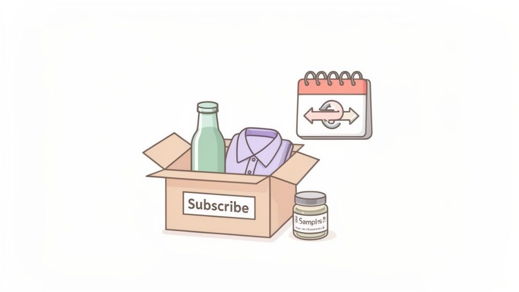 Illustration of a subscription box containing a bottle and shirt, with a sample jar and calendar icon.