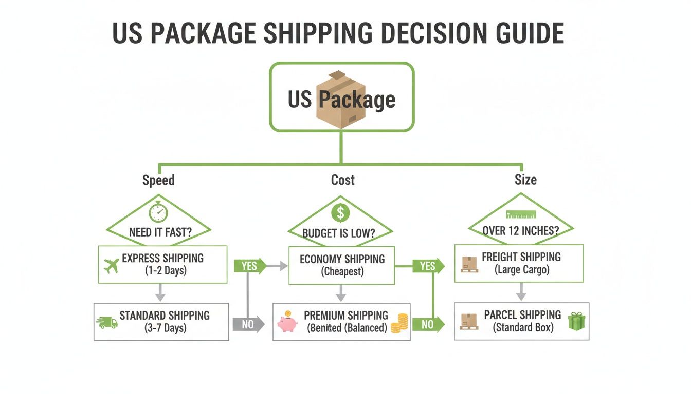 A decision guide flowchart for US package shipping options based on speed, cost, and size.