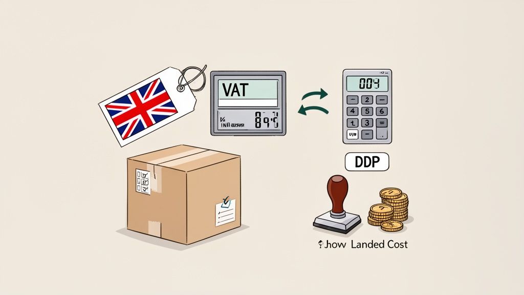 Illustration showing UK shipping costs, VAT, DDP, and calculating total landed cost.