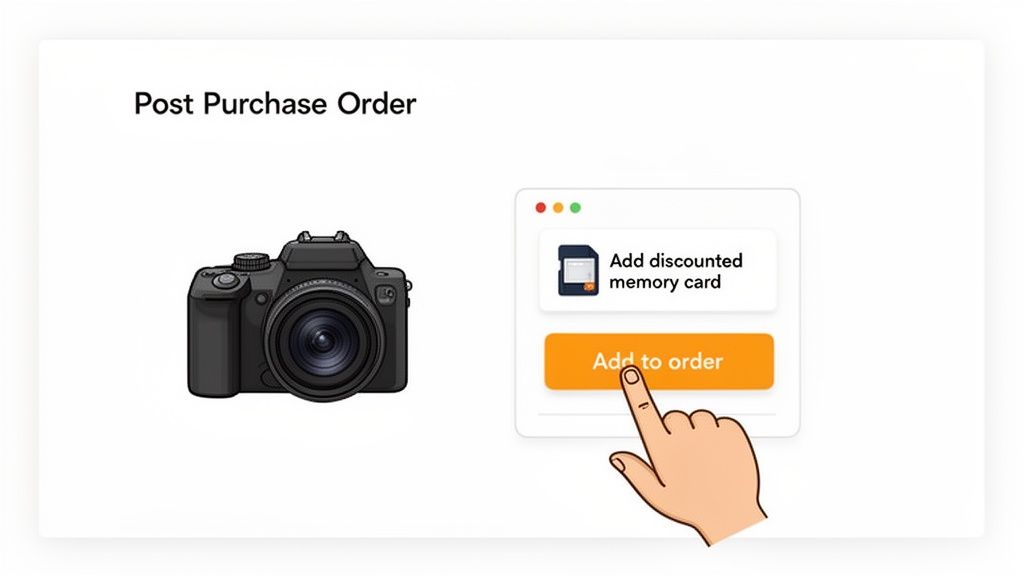 An illustration of a post-purchase offer for a camera, showing a hand clicking 'Add to order' for a discounted memory card.