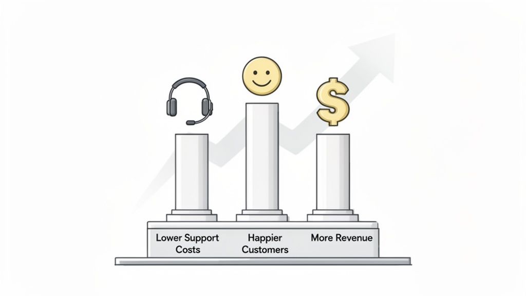 Three pillars representing lower support costs, happier customers, and more revenue, showing a path to business growth.