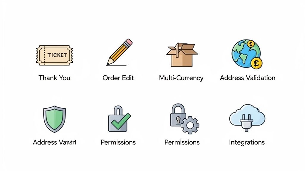Eight icons depicting e-commerce platform features: thank you, order edit, multi-currency, address validation, permissions, and integrations.