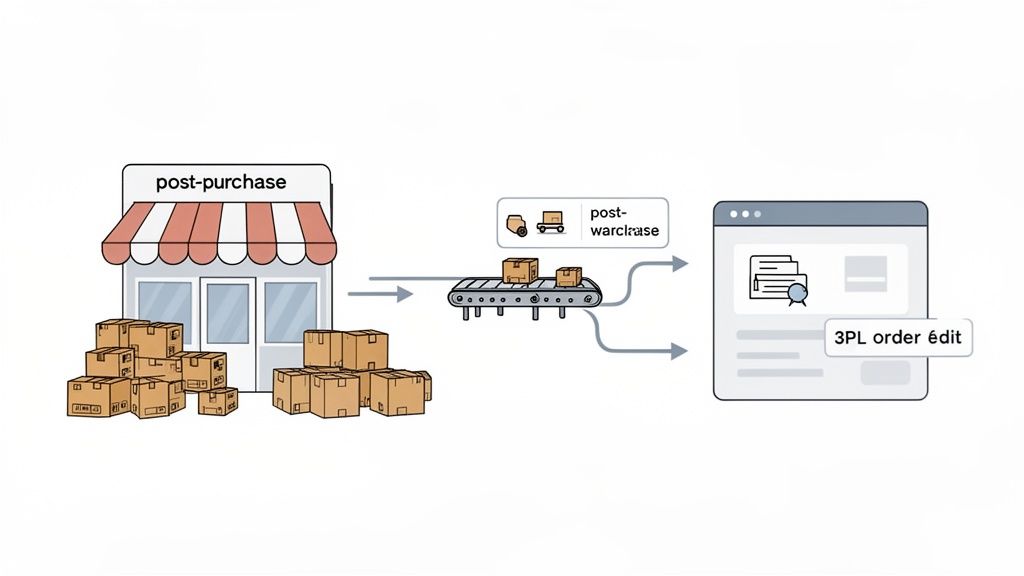 Diagram showing post-purchase order flow through a warehouse to 3PL order editing.