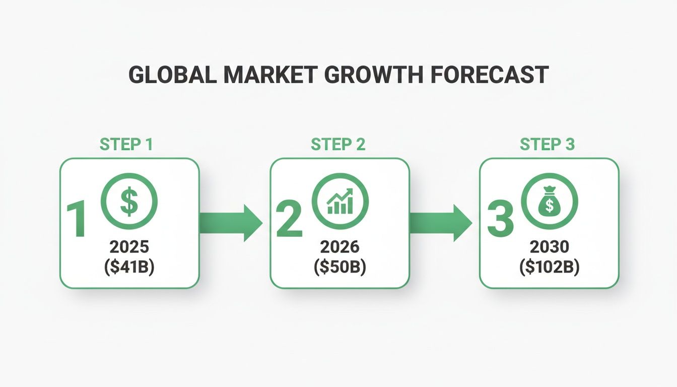 A three-step global market growth forecast illustrating increasing financial values from 2025 to 2030.