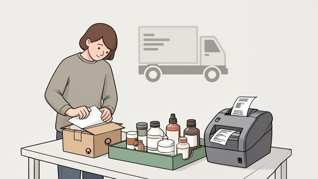 A person packaging various bottles into a box, with a printer and delivery truck, symbolizing order fulfillment.