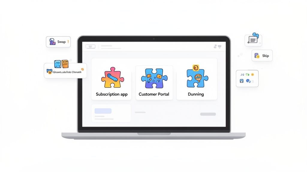 A laptop displaying three business applications: Subscription app, Customer Portal, and Dunning, surrounded by small icons.