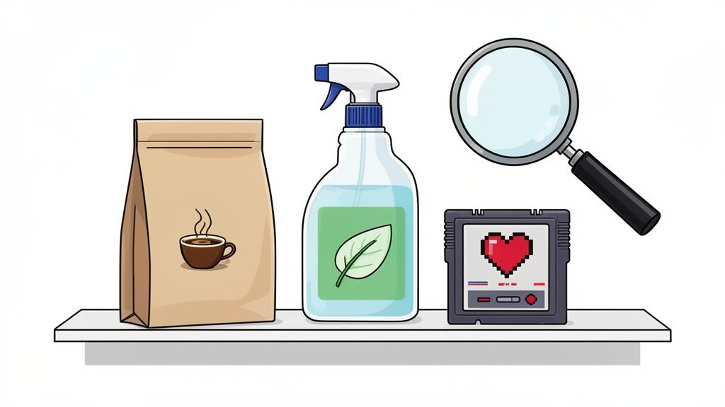 A shelf displaying a coffee bag, an eco-friendly spray bottle, and a retro game cartridge with a magnifying glass.