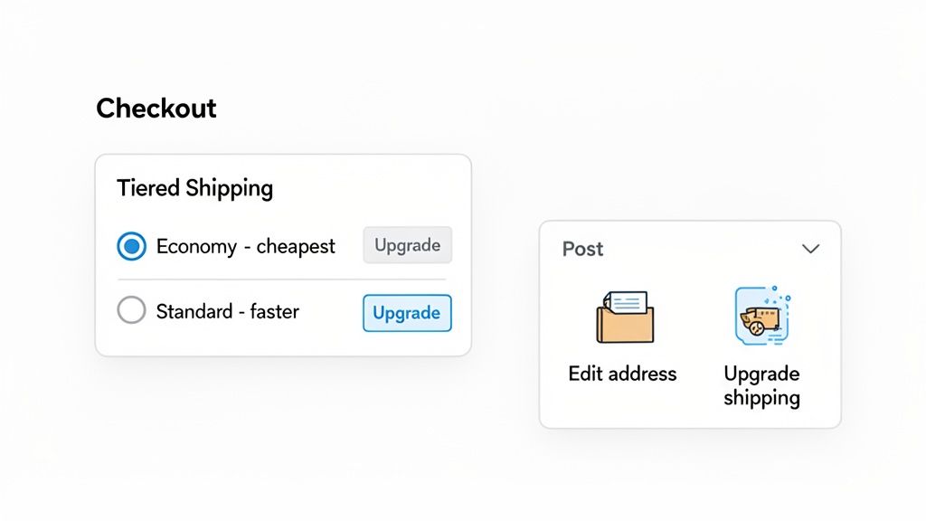 A checkout screen displays tiered shipping options; Economy is selected, with Upgrade shipping and Edit address options.