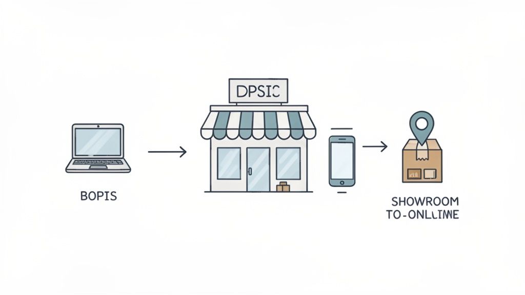 Diagram illustrating various omnichannel retail methods: BOPIS, in-store pickup, mobile, and showroom to online.