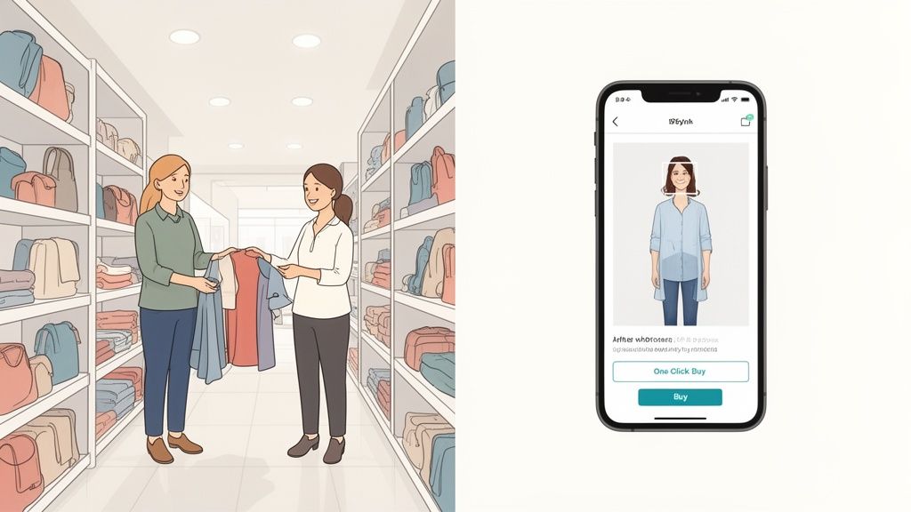 A split image comparing in-store shopping with a virtual try-on app on a smartphone.