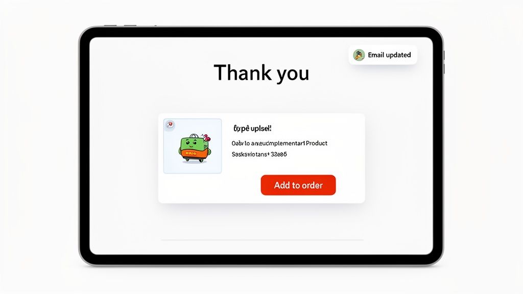 Tablet shows a 'Thank you' screen, an 'Email updated' notification, and a product upsell card.