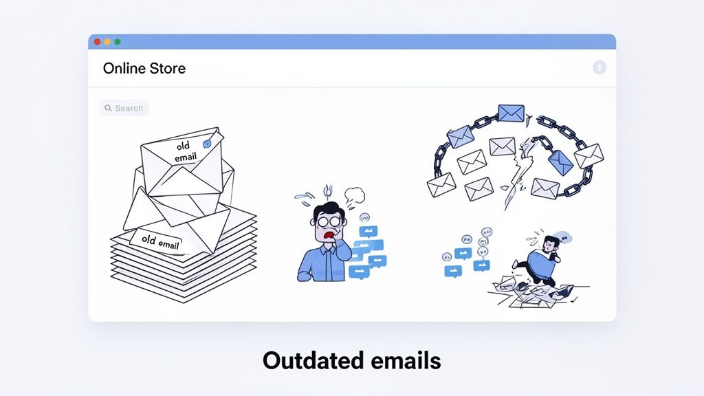 Illustration showing a stack of old emails, a stressed person, and broken email chains, representing issues with outdated email addresses.