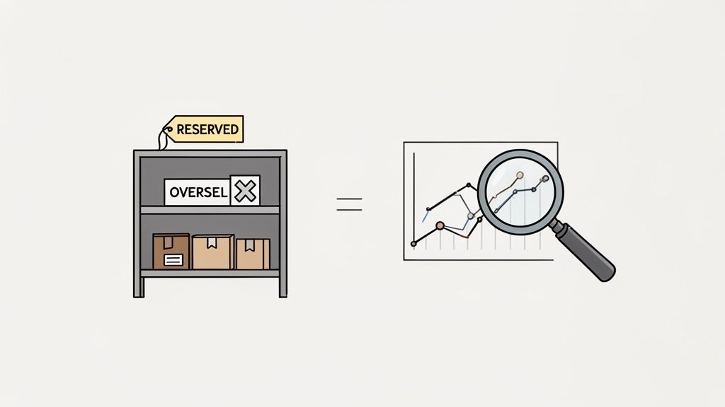 Illustration showing inventory management with reserved stock, an oversell warning, and data analysis on a graph.