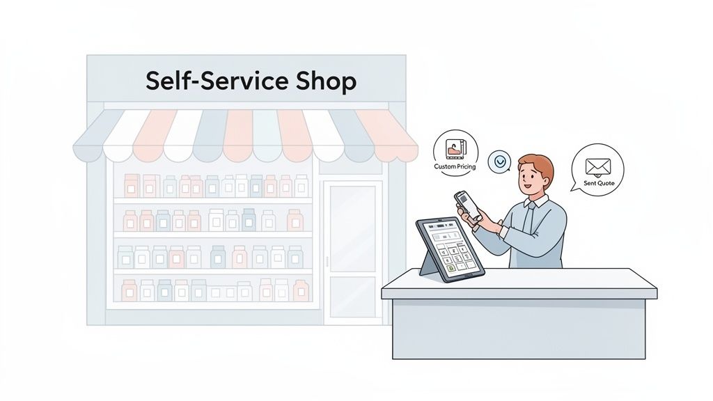 A self-service shop with a person using a tablet and phone for custom pricing and quotes.