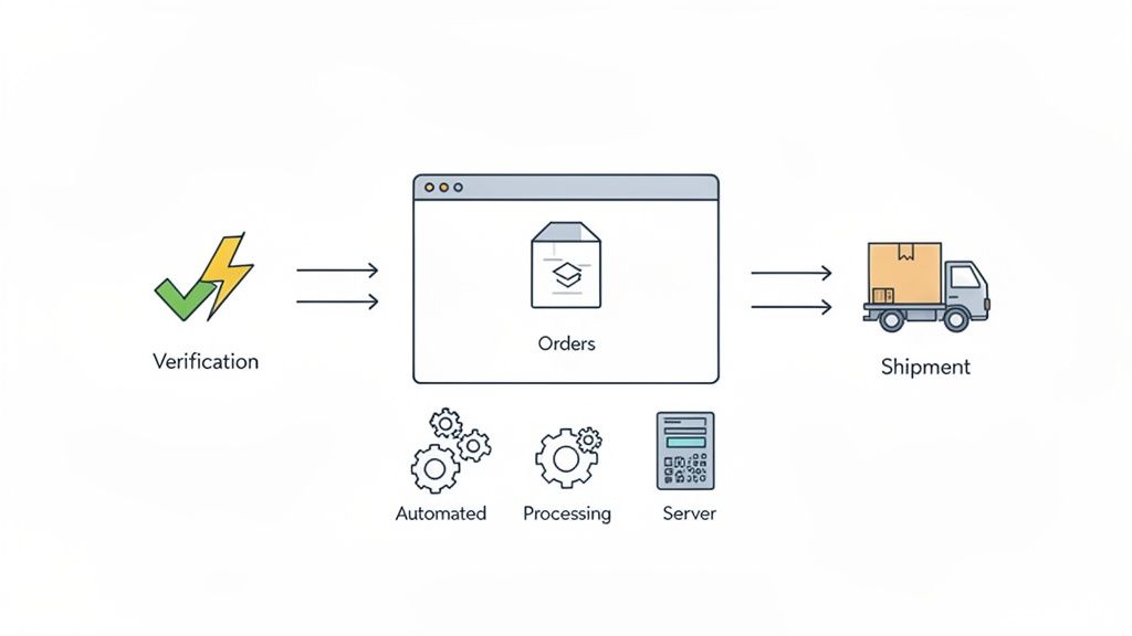 A diagram illustrating the order fulfillment process from verification to orders and final shipment, supported by automation and server processing.