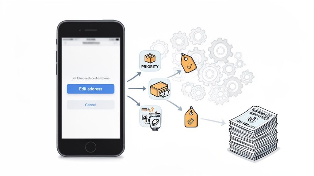Mobile app workflow for order fulfillment, showing address editing, priority processing, and shipping document generation.