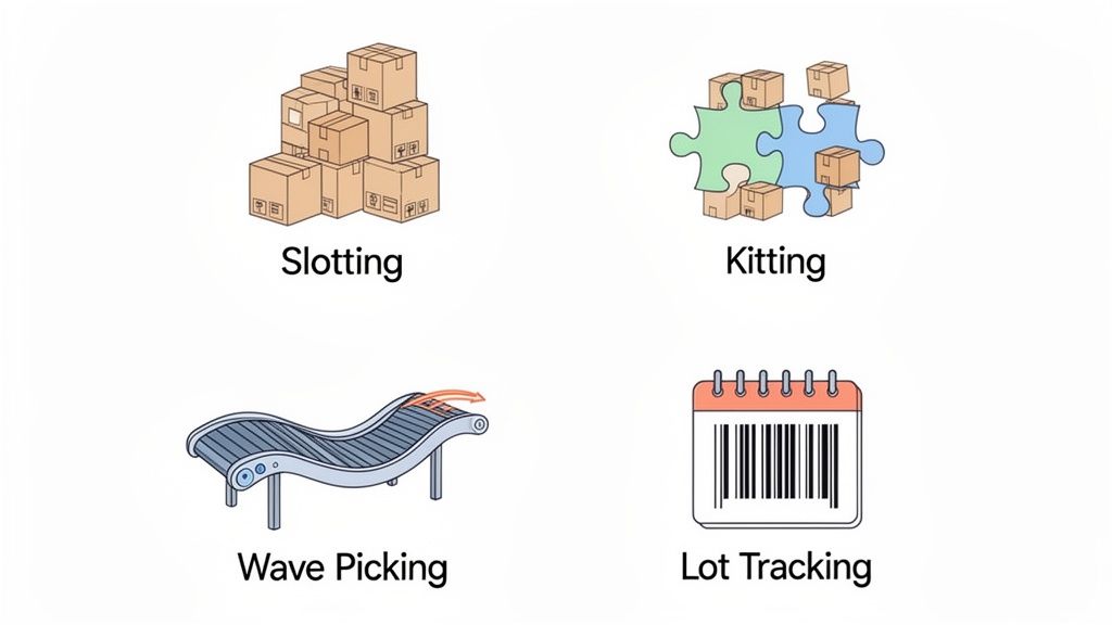 An illustration showing four key warehouse management concepts: slotting, kitting, wave picking, and lot tracking.
