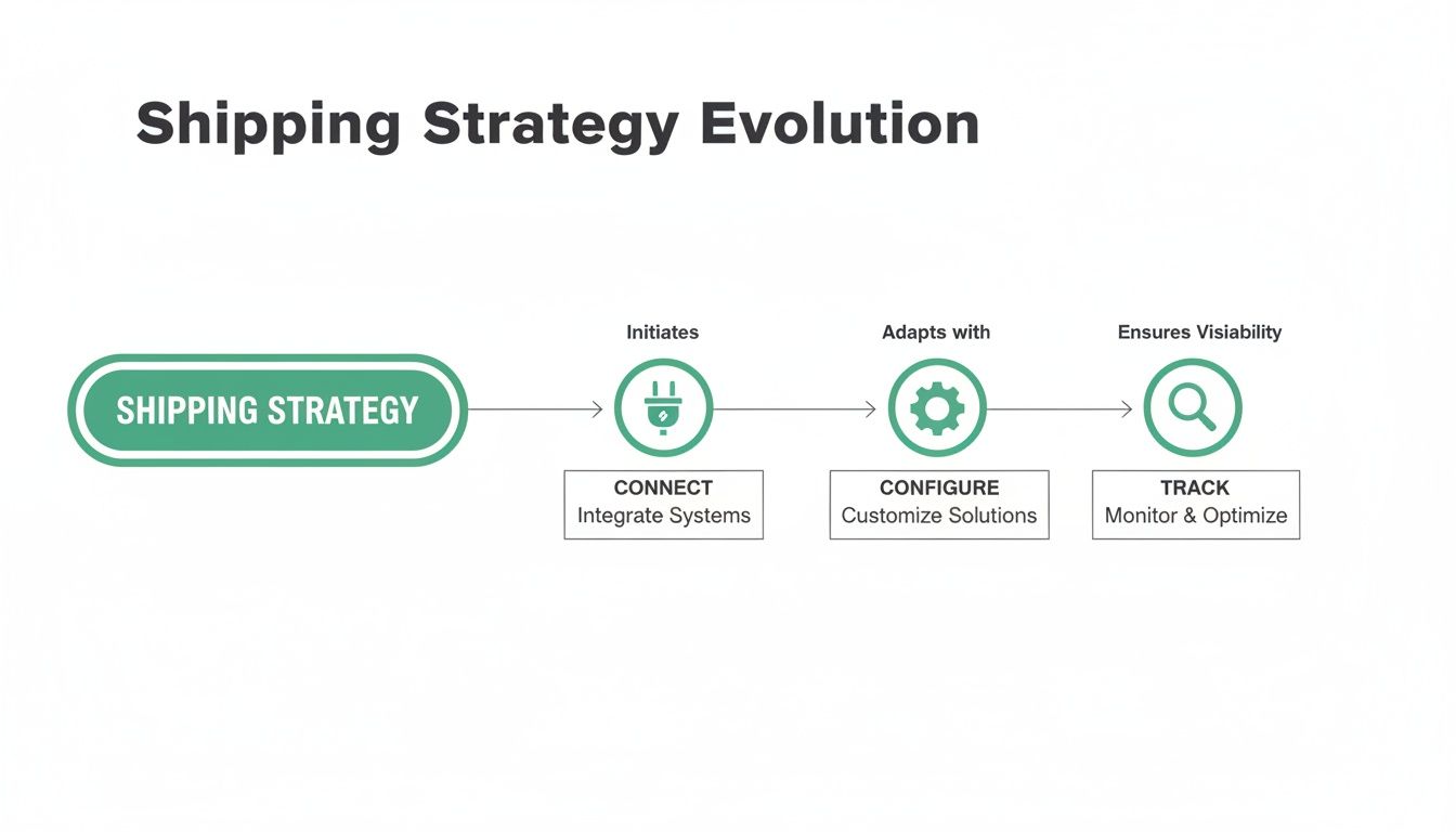 Flowchart illustrates the evolution of a shipping strategy through steps: connect, configure, and track.
