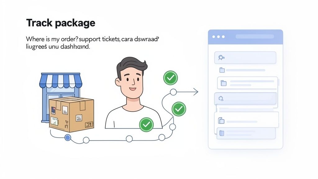 Illustration of a person tracking a package from a store with successful steps, alongside a support dashboard.