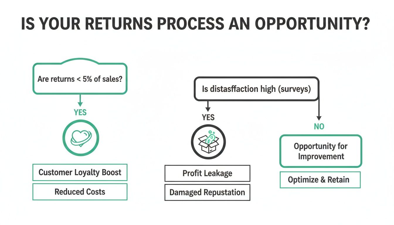 Flowchart analyzing the returns process impact on customer loyalty, costs, profit, and reputation.