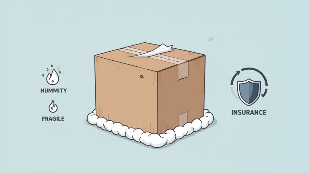 A brown cardboard shipping box with 'fragile,' 'humidity,' and 'insurance' symbols, surrounded by cushioning.