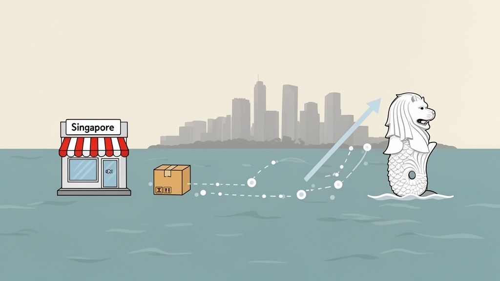 An illustration showing a package being shipped from a Singapore store towards the iconic Merlion statue.