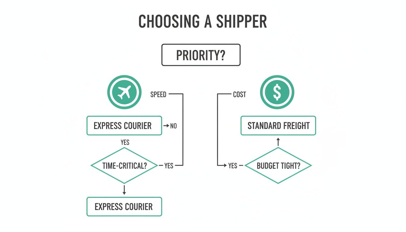 A flowchart illustrating the decision-making process for choosing a shipper, considering speed, cost, and time-critical delivery.