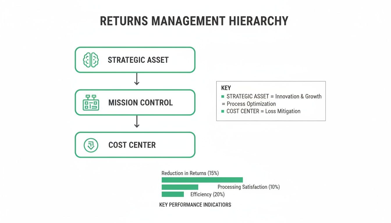 Flowchart of returns management hierarchy with strategic asset, mission control, cost center levels, and key performance indicators.