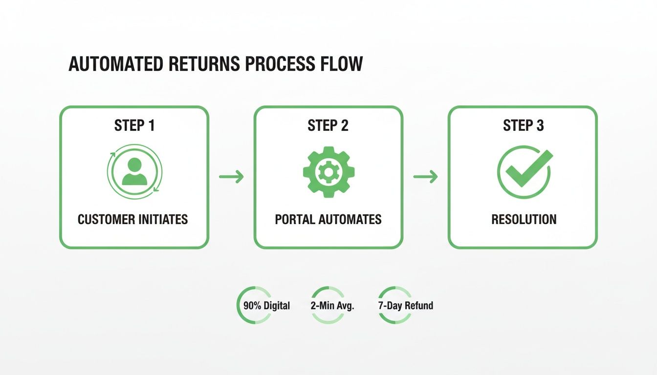 Infographic of an automated returns process flow, detailing initiation, automation, resolution, and efficiency metrics.