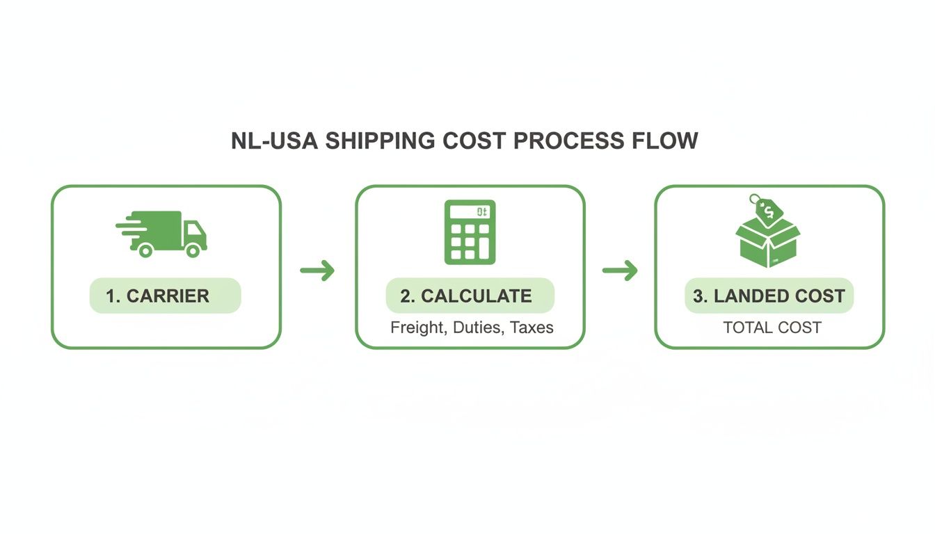 A flowchart detailing the NL-USA shipping cost process, from carrier selection to calculating total landed cost including freight, duties, and taxes.